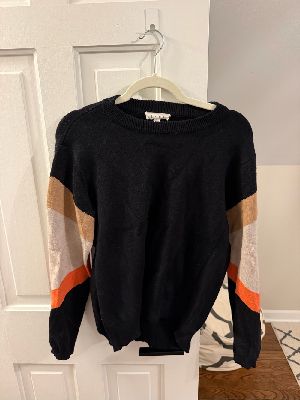 THML Black Crewneck Sweater with Colorblock Sleeve Stripes